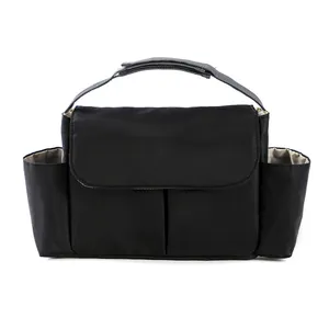 Waterproof black nylon baby stroller organizer with bottle pockets and magnetic flap cover