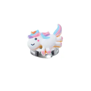 Close-up of a cartoon unicorn ring with rainbow accents and adjustable silver band