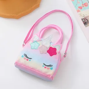 Glittery rainbow unicorn handbag for girls with star accents and adjustable strap