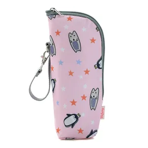 Bolsa térmica rosa para biberón con dibujo de pingüino y correa extraíble para viajes