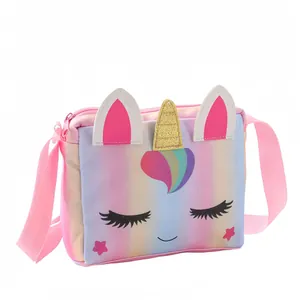 Rainbow glitter unicorn crossbody bag with golden horn and adjustable pink strap for girls