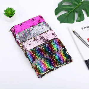 Detailed view of four sequin cosmetic bags in assorted colors with gold zipper closures