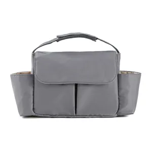 Grey waterproof stroller organizer with adjustable velcro straps and multi-pocket design