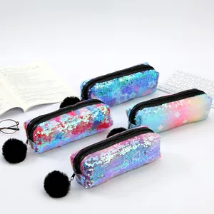 Lot de 4 trousses à paillettes dégradées avec pompons pour l'école et le maquillage