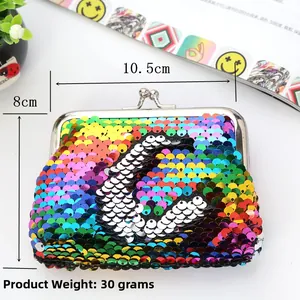 Detail showing dimensions of 10.5x8cm and 30g weight for this sequin coin purse