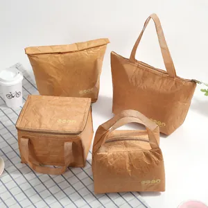 Brown kraft paper insulated lunch bags with various folding designs and thermal lining