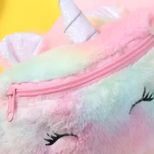 Detail view of plush unicorn bag featuring macaron gradient fur and sequined horn detail