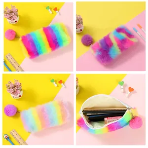 Detailed views of a rainbow plush pencil case with soft faux fur and fluffy pom-pom charm