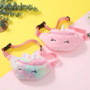 Plush unicorn waist bags for kids with adjustable straps in pink and rainbow gradient