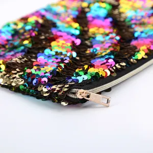 Macro shot of colorful mermaid sequins and gold zipper detail on the makeup bag