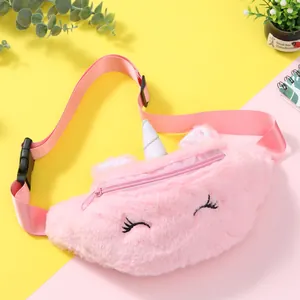 Close-up of pink plush unicorn waist bag with eyelash embroidery and sequin horn