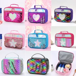 Internal view of sequined lunch bag showing silver foil insulation and storage capacity