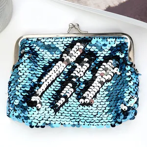 5-inch sequin coin purse with clip closure for coins and earphones in blue silver stripes