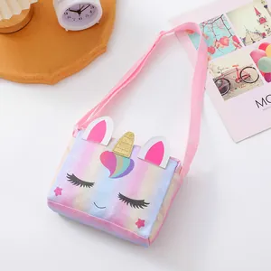 Glitter rainbow unicorn shoulder bag for girls with sparkling horn and pink strap