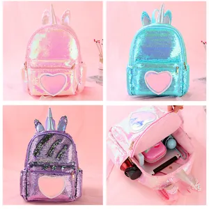 Cute unicorn sequin backpack for girls in pink, blue and purple with glitter horn and ears
