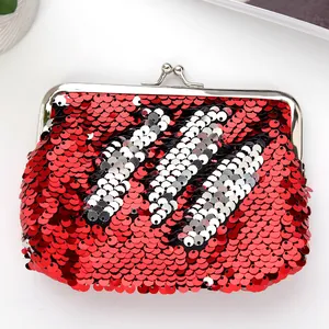 5-inch sequin coin purse with red and silver glitter pattern and metal kiss lock