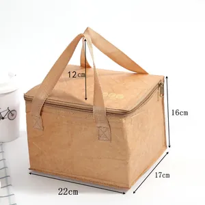 Detailed dimensions of brown Tyvek insulated lunch bag shown in a lifestyle picnic setting