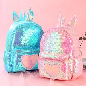 Cute Unicorn Sequin Backpack For Girls Holographic Heart Pattern School Bag Glitter Polyester Kids Travel Daypack Gift