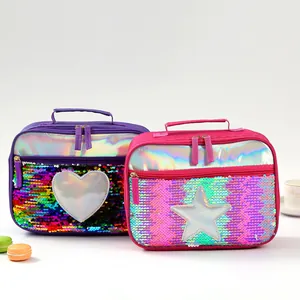 Close-up of sequin lunch bags with heart and star patterns in purple and pink