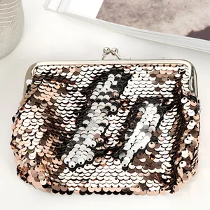 5-inch reversible rose gold and silver sequin coin purse with classic metal clasp