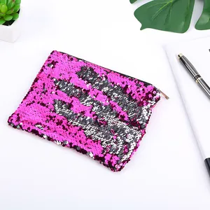 Pink and silver reversible mermaid sequin pencil case with hand print design and gold zipper