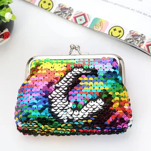 Rainbow sequin mini kiss-lock coin purse with swan motif and silver metal frame clasp