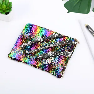 Detail shot of a colorful reversible sequin pencil case on a clean desktop setup