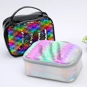 Detail of sequins lunch bag showing reversible flip sequins and holographic material