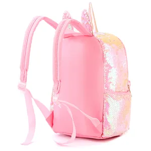 Pink sequin unicorn backpack for girls featuring shiny horn and adjustable straps