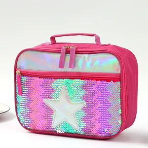 Detail of rose red sequin lunch bag with large silver laser star and golden zippers