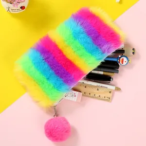 Rainbow faux fur large capacity pencil case with pink pompom and assorted stationery
