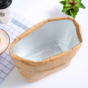 Insulated kraft paper lunch bag with thermal aluminum foil lining for outdoor picnics