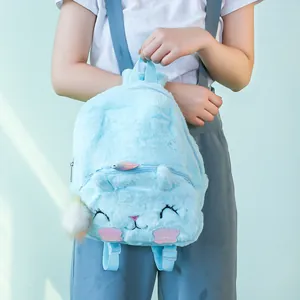 Detail of light blue plush backpack featuring soft faux fur and cute embroidered face