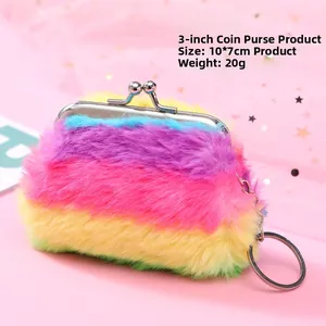 3-inch fuzzy rainbow plush coin purse with metal clasp and keychain, size 10x7cm