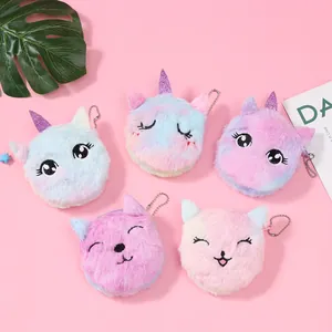 Cute Plush Unicorn Cat Coin Purse Round Mini Wallet With Metal Bead Chain Keychain Kawaii Gradient Faux Fur Animal Embroidery Pouch For Girls