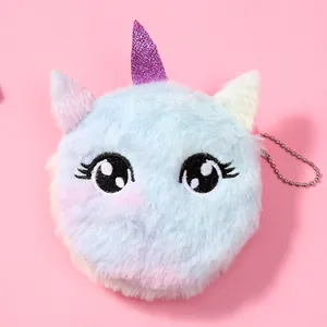 Cute unicorn plush coin purse with gradient fur and silver keychain on pink background
