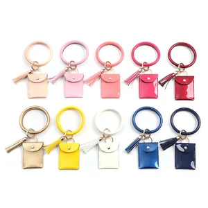Colorful PU leather wristlet keychain set with mini coin purse and decorative tassel