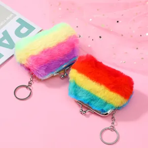 Schattige Regenboog Pluche Portemonnee Met Metalen Beugelsluiting En Sleutelhanger Draagbare Mini Pluizige Gradiënt Portefeuille