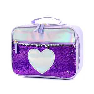 Purple sequin heart lunch bag for girls with holographic top and durable canvas handle