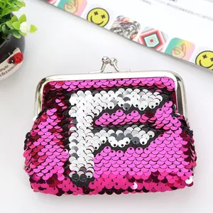Mini sequin coin purse with silver metal clasp and F letter design in pink and silver