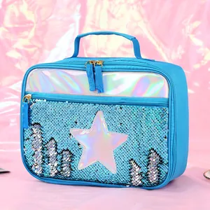 Sky blue sequin lunch bag with holographic star decoration for kids and students