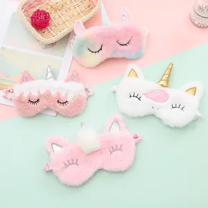 Plush unicorn sleep masks set in rainbow gradient and pink colors with soft 3D horn detail