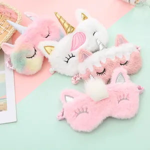 Unicorn plush sleep masks in four gradient colors featuring soft fur and 3D horns