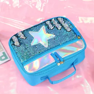 Detailed macro of blue sequin lunch bag with laser star patch and metallic dual zippers
