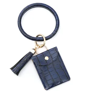 Détail du porte-cartes en cuir PU bleu foncé à motif crocodile avec bracelet et fermoir doré