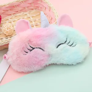 Cute rainbow plush unicorn sleep mask with silver horn and soft gradient fur texture