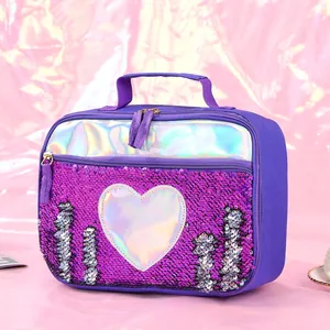 Sparkly purple sequin lunch bag for kids with holographic heart and top handle