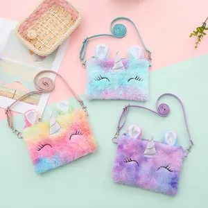 Kids Cute Plush Unicorn Mermaid Crossbody Bag For Girls Cartoon Rainbow Gradient Sequins Shoulder Bag Small Coin Purse