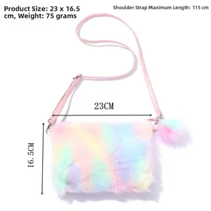 Rainbow plush shoulder bag for kids with adjustable strap and 23x16.5cm dimensions