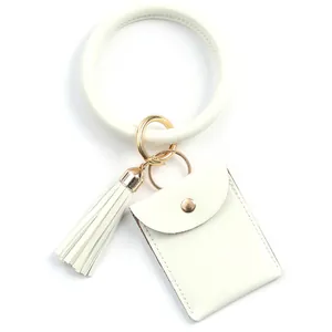 White silicone O-ring bracelet keychain with PU leather tassel and mini wallet card pouch
